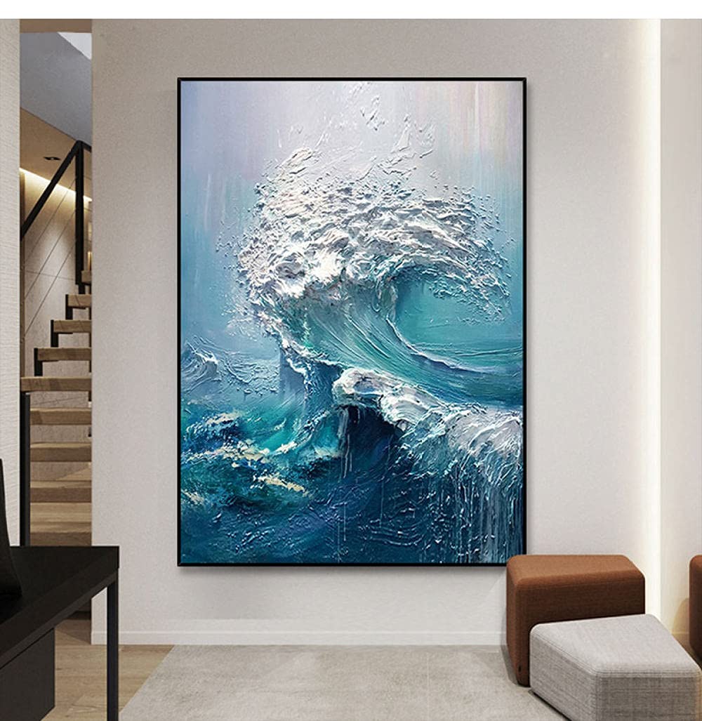 Amazon｜手描きの油絵キャンバス ティール 海の波の風景 3D