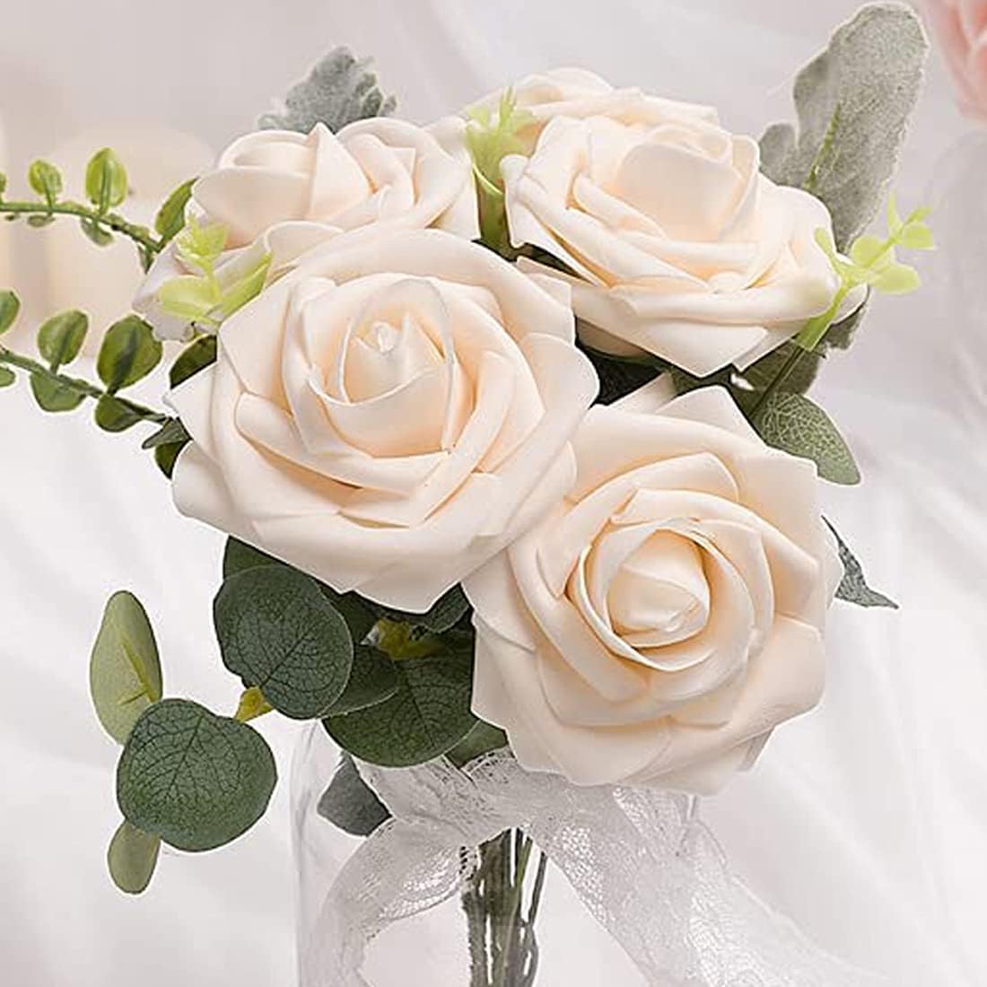 Artificial Flowers Champagne Roses W/Stem, Rustic Farmhouse Decor for Home Wedding Kitchen and Office Ideal Bridal Shower Party Home Decorations 25pcs - Image 5