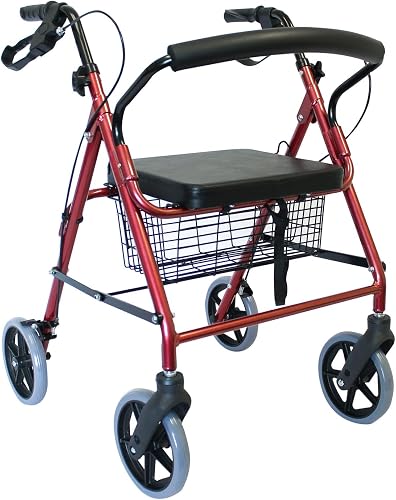 Rollator Loop Brakes 8" Wheels with Aluminium Frame, Padded Seat and Basket (Red)