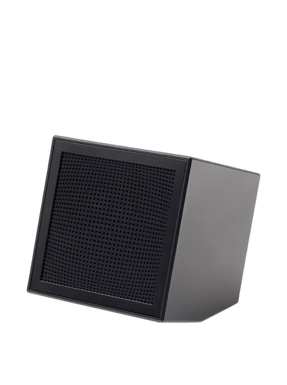 Lexon Prism Speaker, black, showing its cubic design and speaker grille.