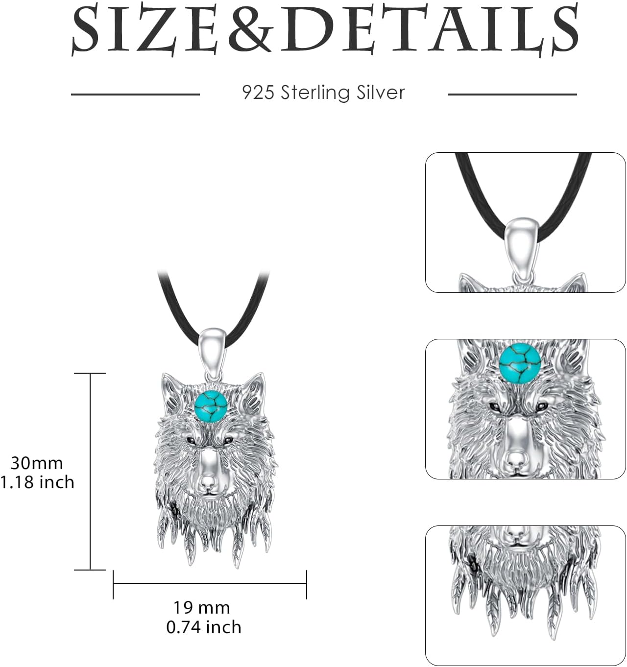 Wolf Necklace for Men 925 Sterling Silver Genuine Turquoise Gemstone Wolf Head Pendant Viking Animal Jewelry Gifts for Father - Image 5
