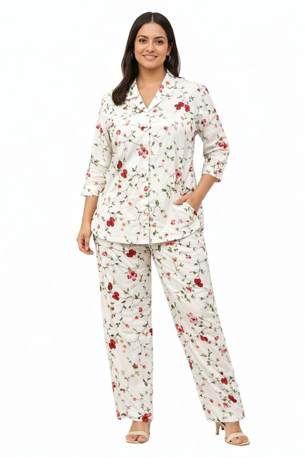 Women’s Floral Printed Co-Ord Set Button-Down Top with Matching Pants (White)-picture-13