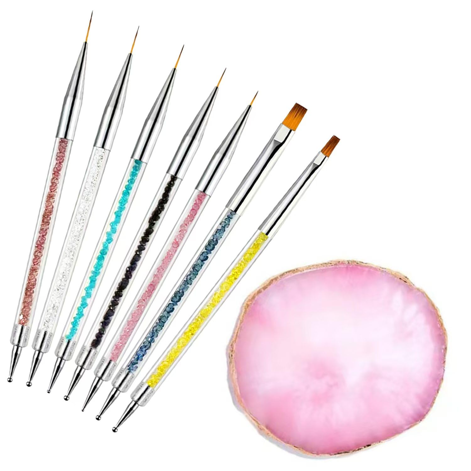 Nagelkunst-Pinsel-Set mit doppelseitigem Strassgriff, 8-teilig, mit rosa Harz-Palette, professionelle 2-in-1-Liner- und Detail-Pinsel für Gel-Nagellack, Maniküre, Nagelkunst-Malerei und Farbmisch-Set
