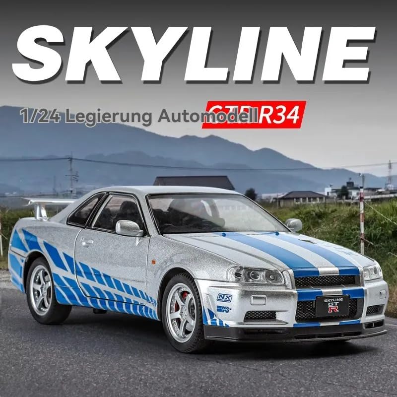 FUNABLO Scale Exclusive Alloy Metal Pull Back Die-cast Car Model with Sound Light Mini Auto Toy for Kids Metal Model Toy Car with Sound and Light (1:24 NISS-an GTR R34 -Silver) 2
