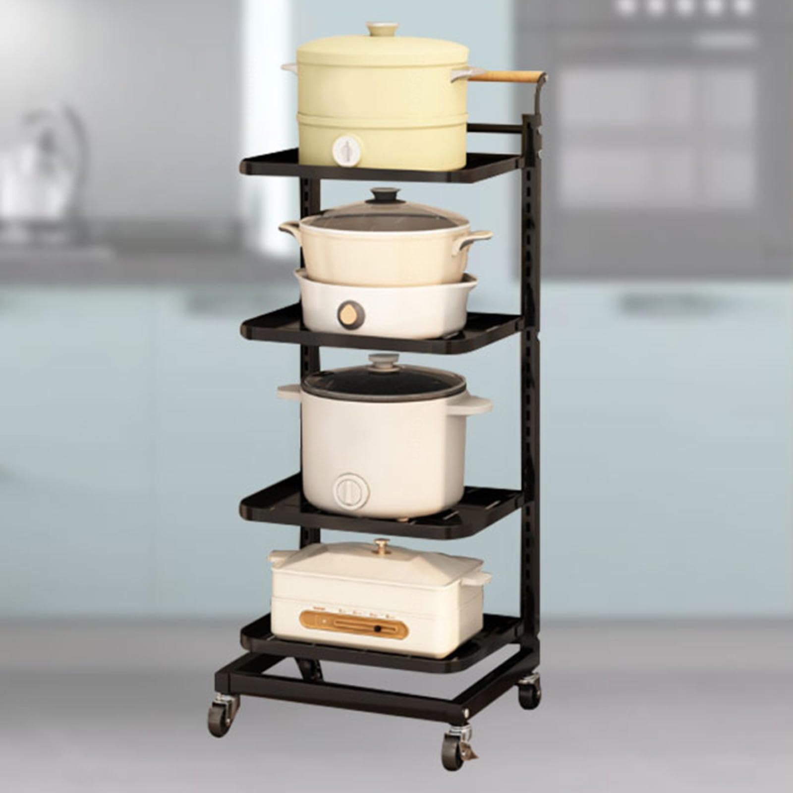 Soporte para tapa de sartén con ruedas, almacenamiento ajustable para ollas y sartenes, diseño elegante blanco y negro de 4 x 4 para un fácil acceso