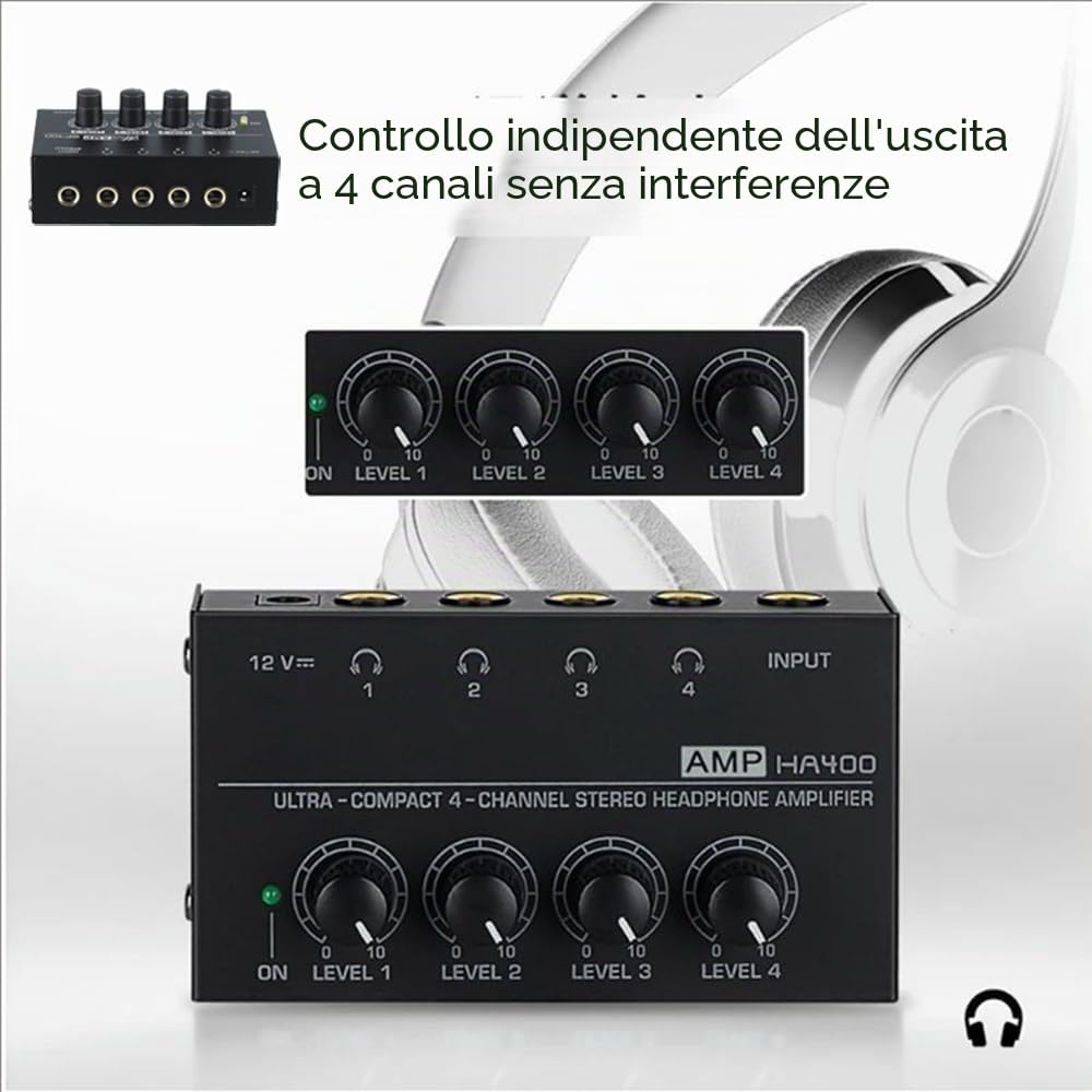 Amplificatore Cuffie,Amplificatore Per Cuffie,Mini Amplificatore Per Cuffie,Splitter Per Cuffie,Monitor a 4 Canali,Con Alimentazione a 12 v,Alta Risoluzione Sonora,Per Concerti,Lezioni, Chitarra,Ecc.