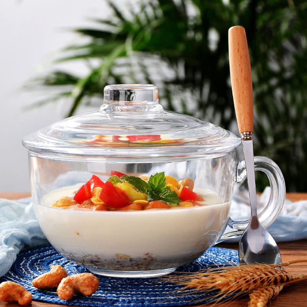 Szklana miska deserowa 600 ml z uchwytem i pokrywką, przezroczysta miska do mieszania i serwowania zupy do ryżu, sałatki, jogurtu, makaronu, płatków śniadaniowych, pojemnik do przechowywania żywności