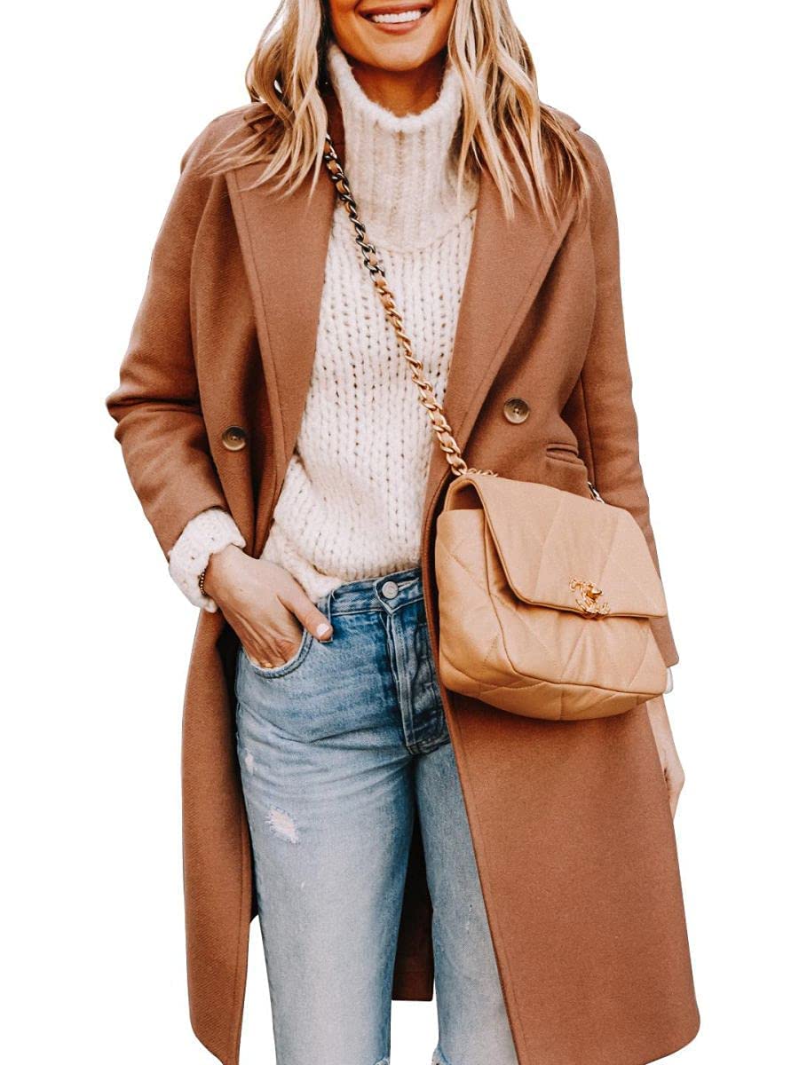 Cicy Bell Damen Mantel mit gekerbtem Reverskragen, zweireihig, Erbsenmantel, Wintermantel, Wollmischung, lange Jacken