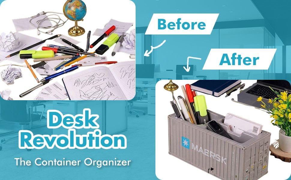 Image of Neonix Desk Organizer Office Supplies Multi Function Shipping Container Style Storage Box Pen Pencil Business Card and Remote Control Holder for Office and Home Gray (Container Storage 6)