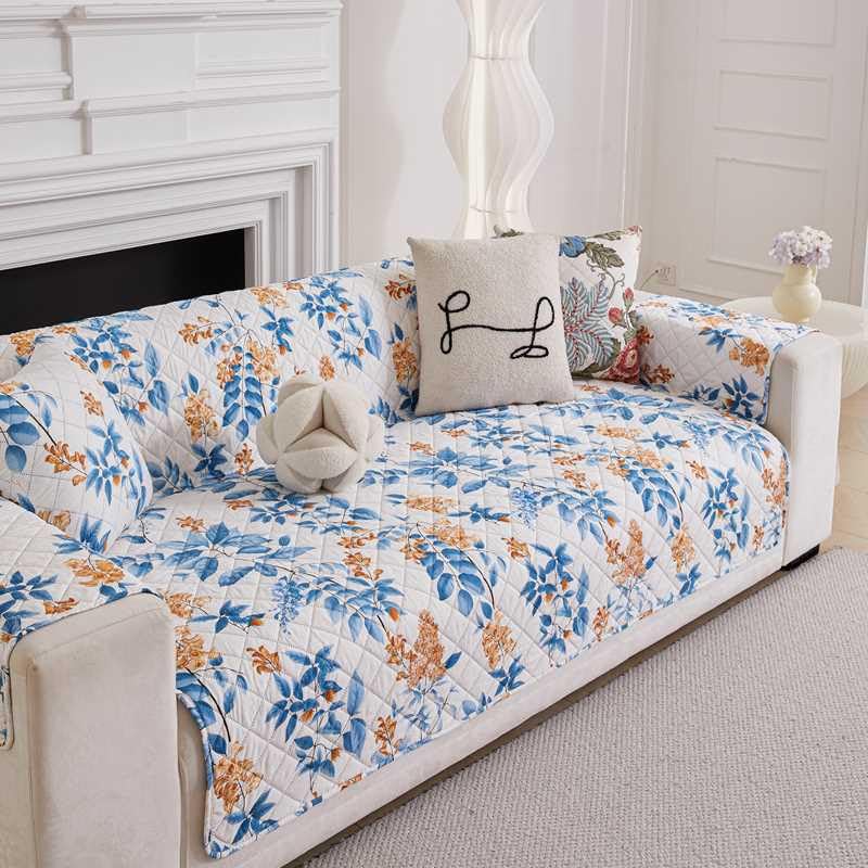 Image of HOMETHREADS Premium Style Anti Slip Sofa Cover Set | Cotton Sofa Slipcover | 1Pc Front Cover with Attached Armrest + 1Pc Back Cover (Leave Blue Flower, 1 Seater | 63x185cm)