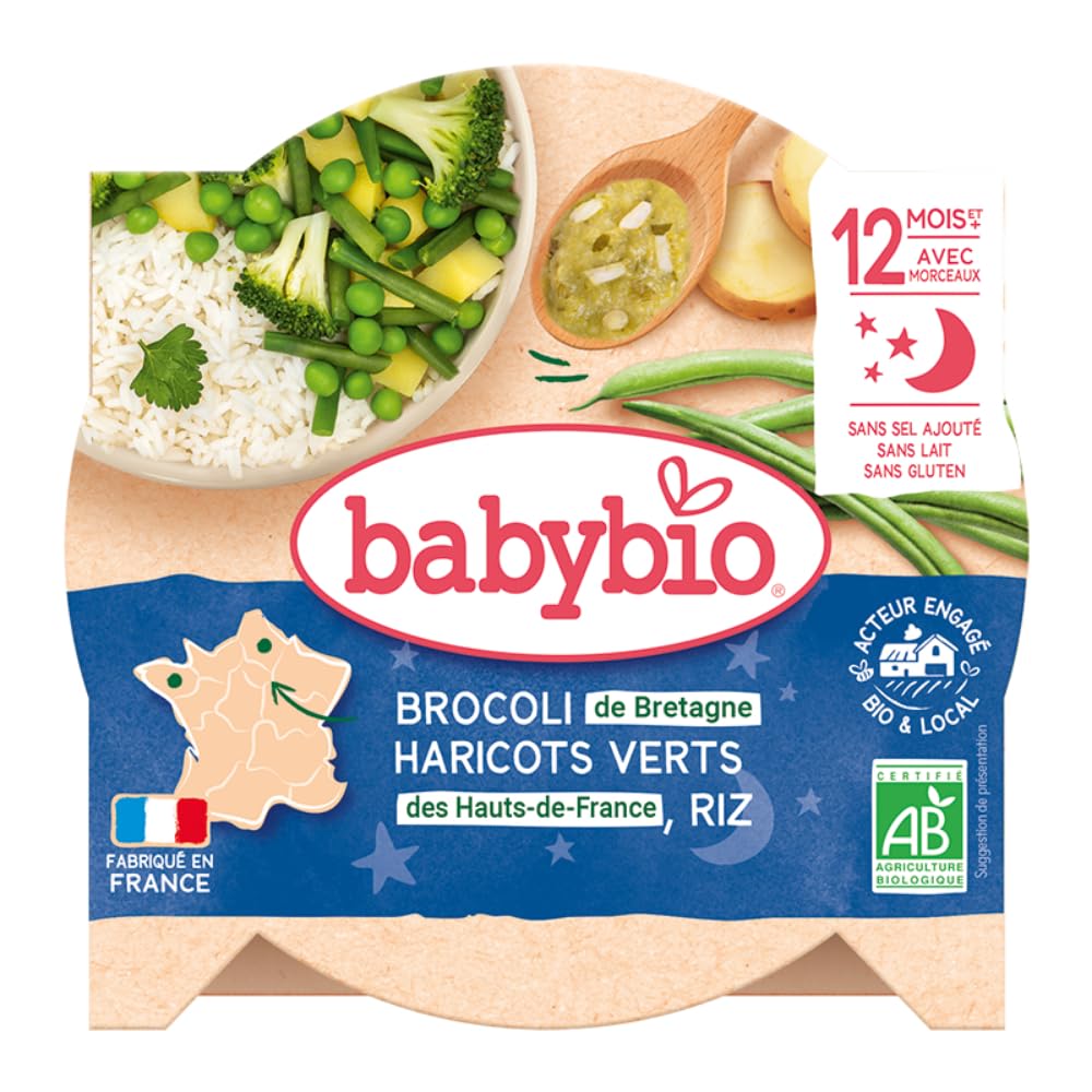 Babybio – Bonne Nuit – Assiette Brocoli Haricots Verts de Vendée Riz 230g – 12+ Mois – Lot de 1