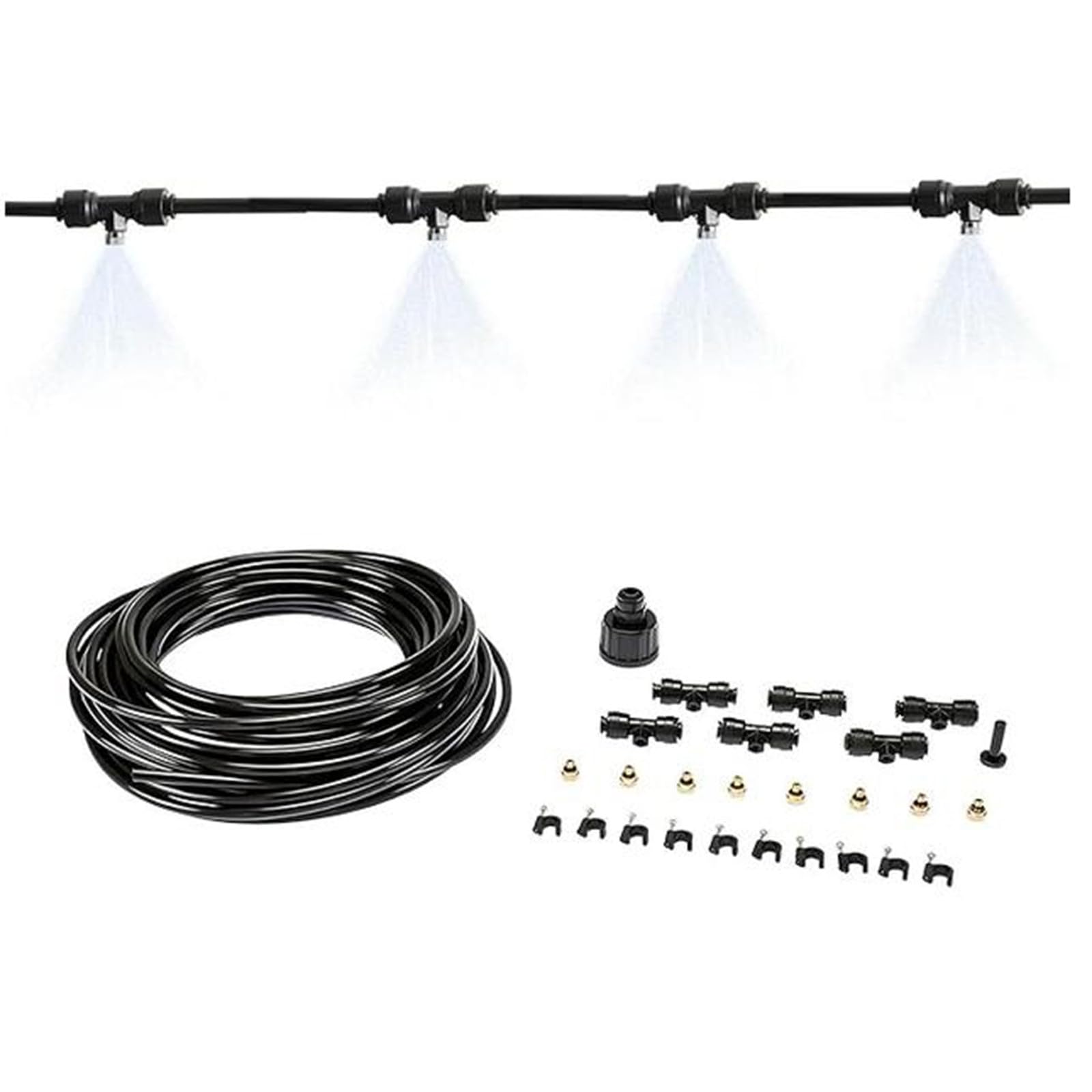 Kit Brumisateur Terrasse, Brumisateur Exterieur, 360° Brumisation Terrasse, Système de Refroidissement par Brumisation, pour le Jardin, la Pelouse, Stores, les Tentes ，A：25M