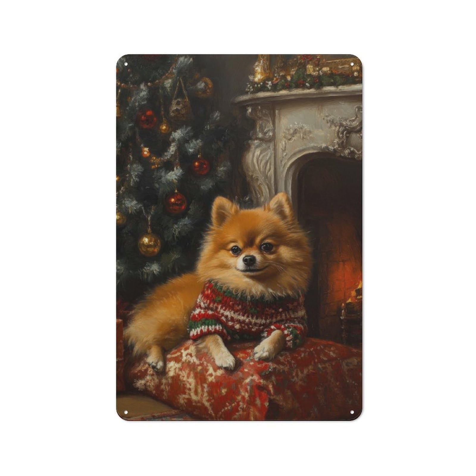 Junmoney Pomeranian Christmas Portrait Cute Christmas For Café Or Restaurant, Dog Art Vintage Metal Sign 30X20cm, For Vintage Wall Decor Fans, For Cafés, Pubs And Restaurants
