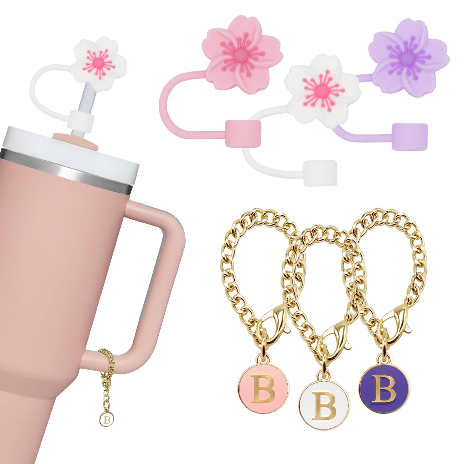 3PCS Silicone Straw Covers for Stanley Cup 30&40 Oz-3PCS Name ID Letter Handle Charm，0.4in/10mm Flower Silicone Straw Cover Cap，Dust-Proof Reusable Straw Topper(B)