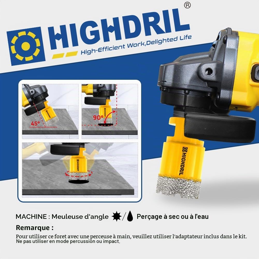 HIGHDRIL Foret Diamant Kit 11pcs(6/8/10/25/35/50/68/110mm Mèches Diamantées+20mm Fraise Diamant+50mm Mèches de Chanfrein+Adaptateur) Scie Cloche pour Carrelage Céramique Porcelaine Marbre Granit
