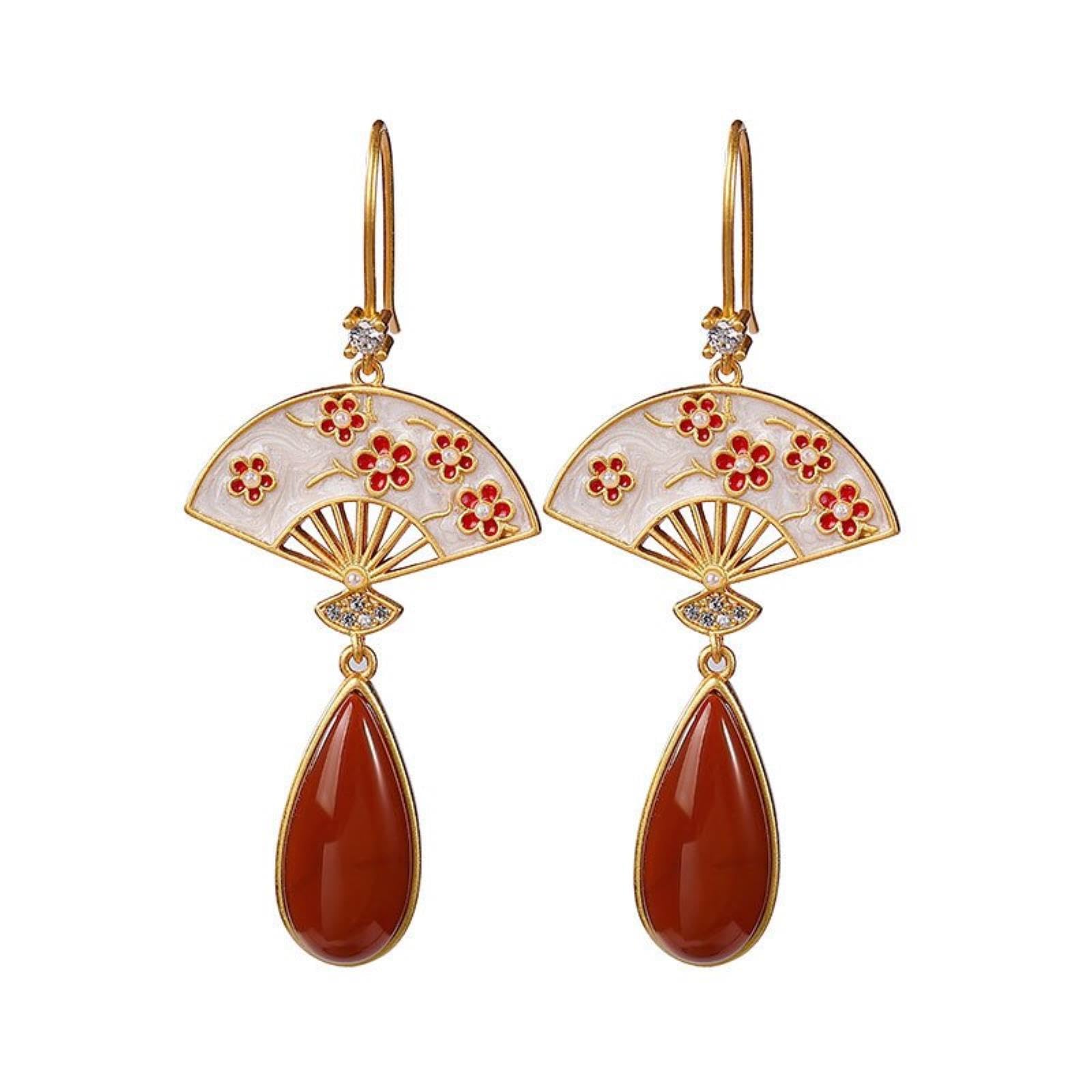 Ancient Gold Craft Southern Red Tourmaline Blossom Fan Earrings For Women Chinese Style Exquisite Water Drop Eardrop New Jewelry