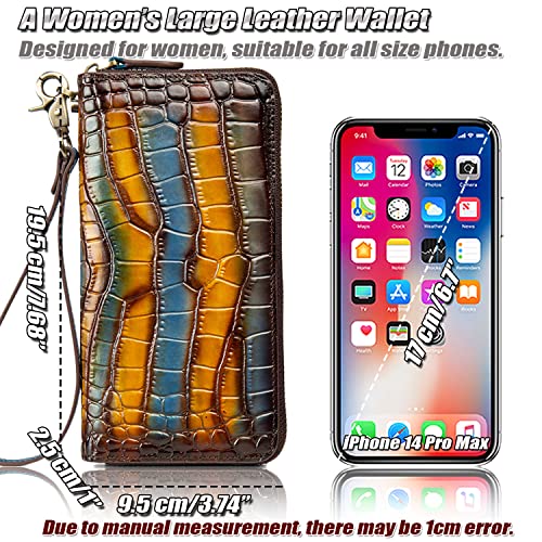Women's Crocodile Print Genuine Leather Wallet Vintage Multi-Color Wristlet with Phone Pocket (Yellow/Blue)3