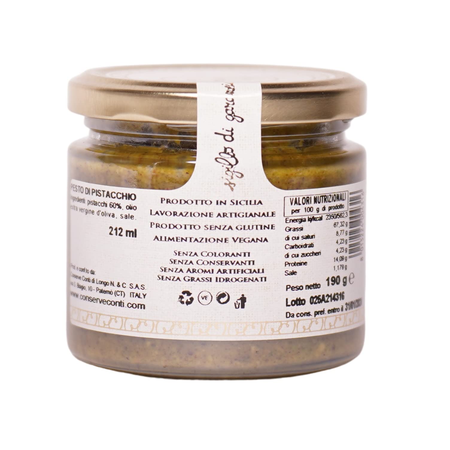 Conserve Conti - Pesto di pistacchio in olio extravergine d'oliva - 3 vasi da ml. 212/570 g - produzione artigianale siciliana