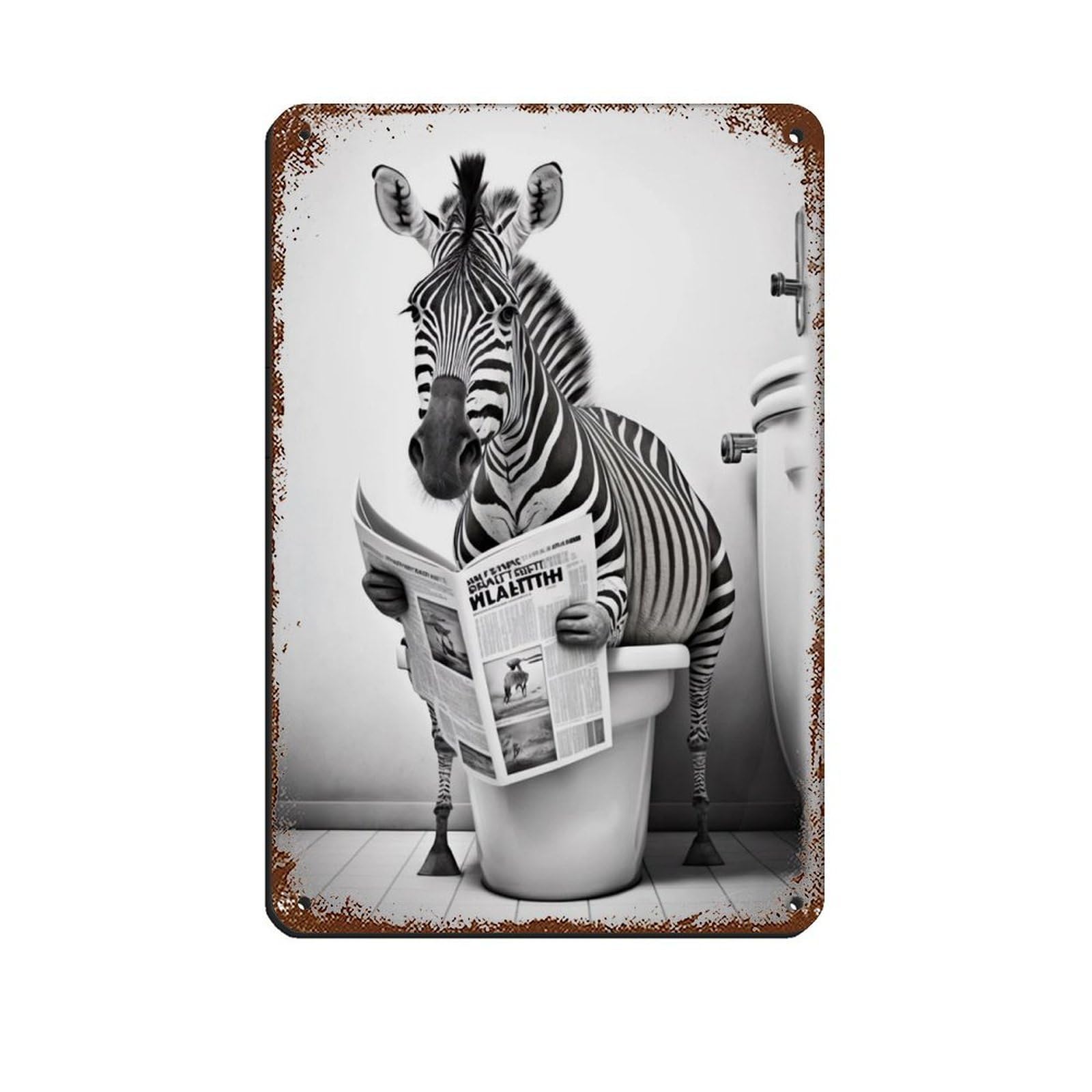 Zebra Sitting on The Toilet Reading A Newspaper Retro Poster Metal Tin Sign Chic Art Retro Iron Painting Bar People Cave Cafe Family Garage Poster Wall Decoration 8x12inch(20x30cm)