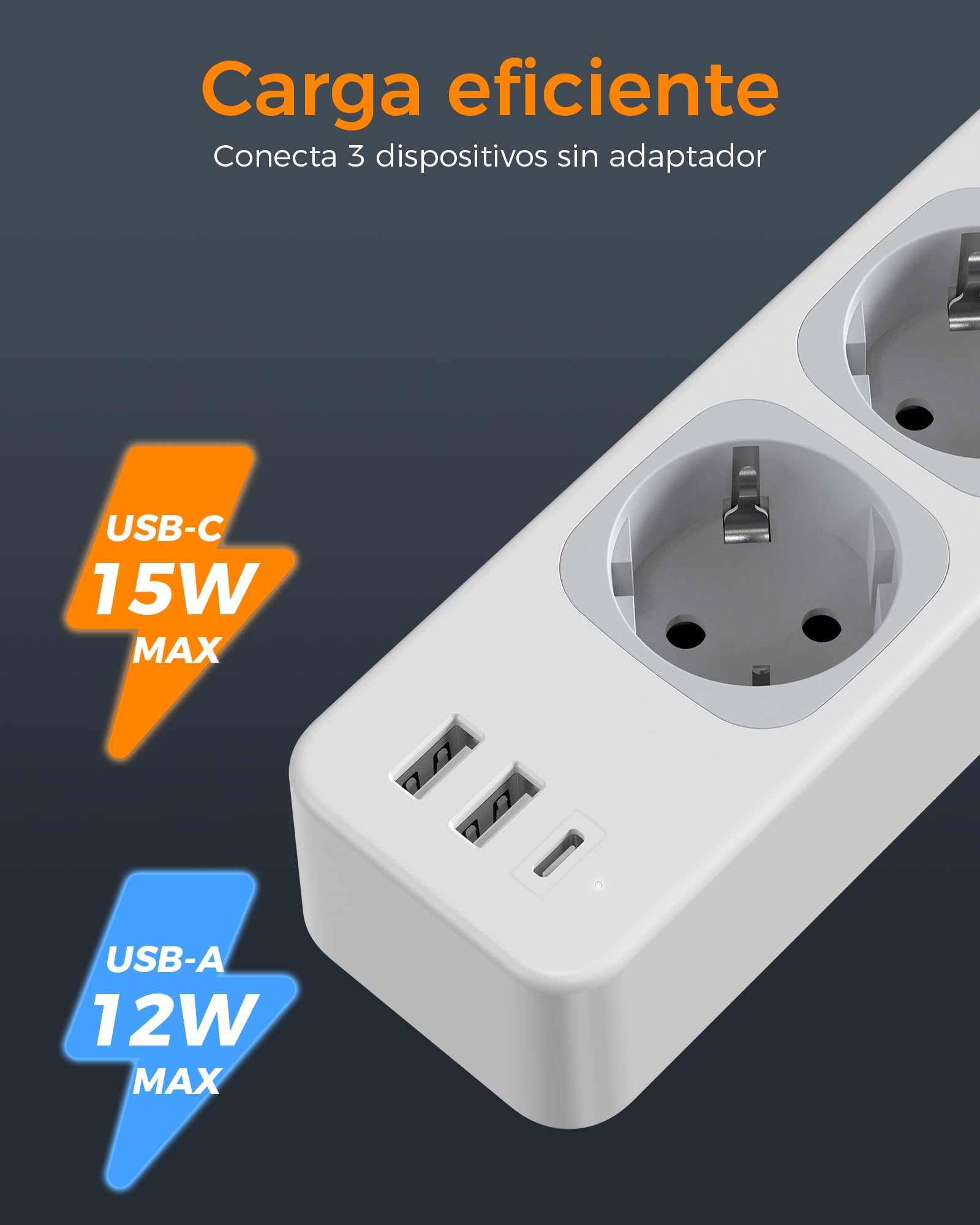 TESSAN Regleta Enchufes 7 en 1 con USB C y USB A, 4 Tomas, 10 Metros