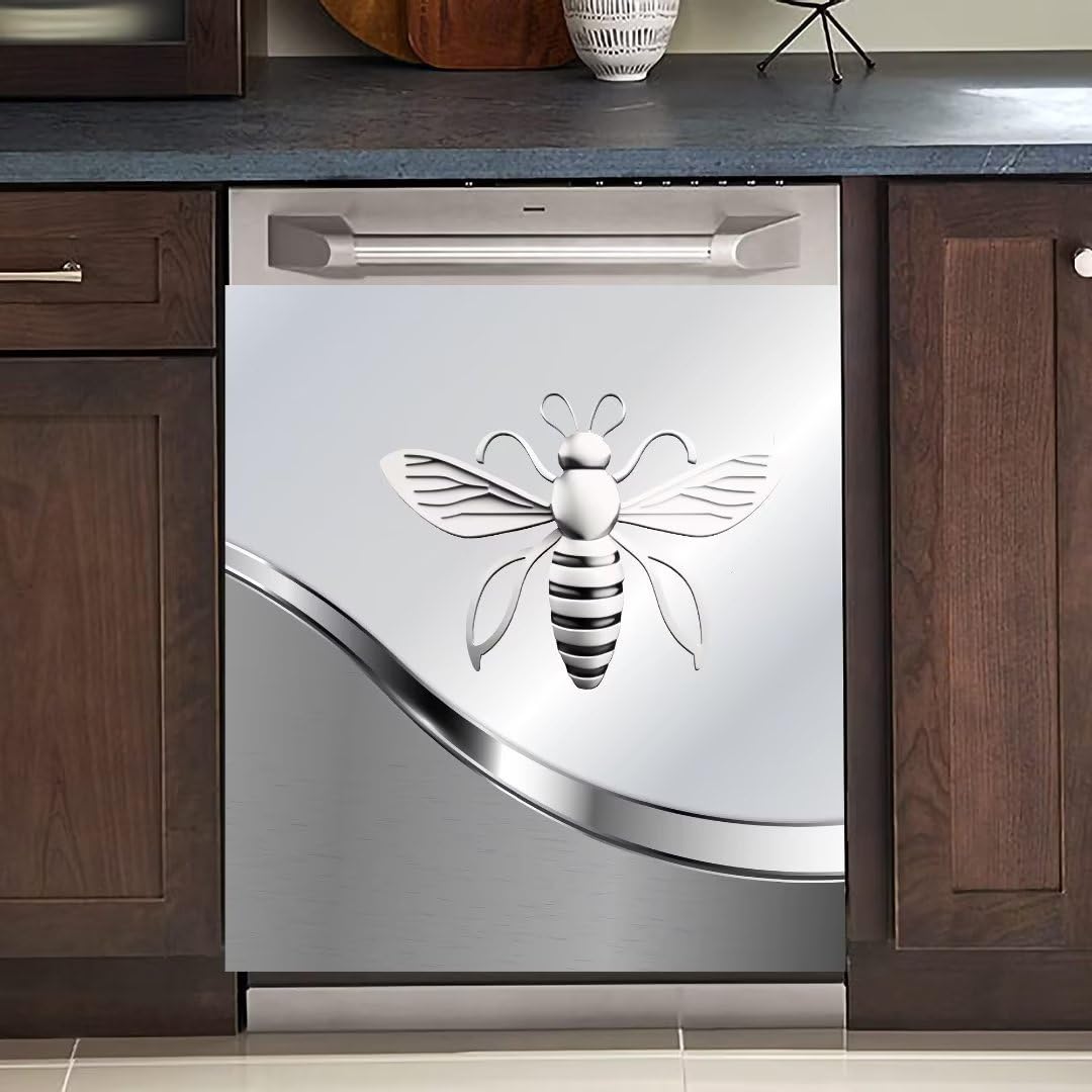Dishwasher Magnet Cover Kitchen Decor,Sliver Stainless Steel Bee Pattern Refrigerator Magnetic Door Cover Vinyl Decal,Farmhouse Animal Home Appliance