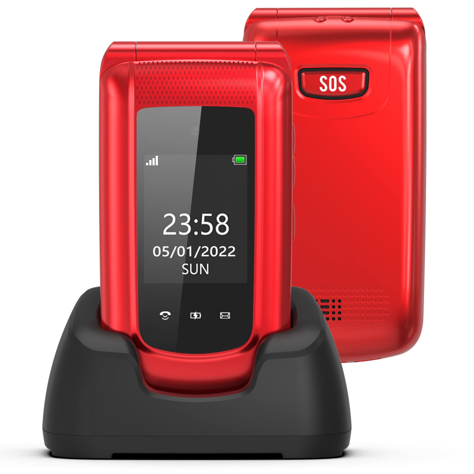Telefono Movil para Mayores Libre, gsm Teléfono Móvil Plegable para Personas Mayores con Teclas Grandes, SOS Botón, Doble Pantalla de 2,4+1.77 Pulgadas, Base de Carga, Llamada Rápida