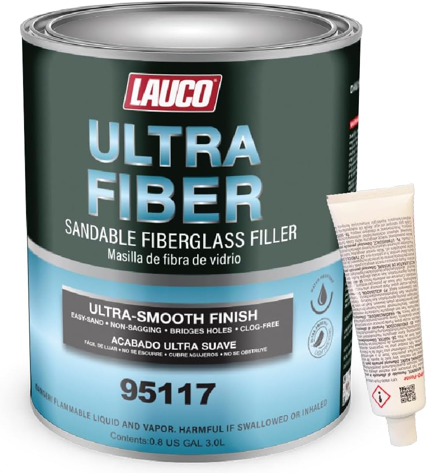 LAUCO Ultra Fiber Sandable Fiberglass Filler, Bridges Holes, Water Resistant, Lightweight, for Fiberglass, Steel, Plastics, Base Color of Yellow-Green, 3 Liters