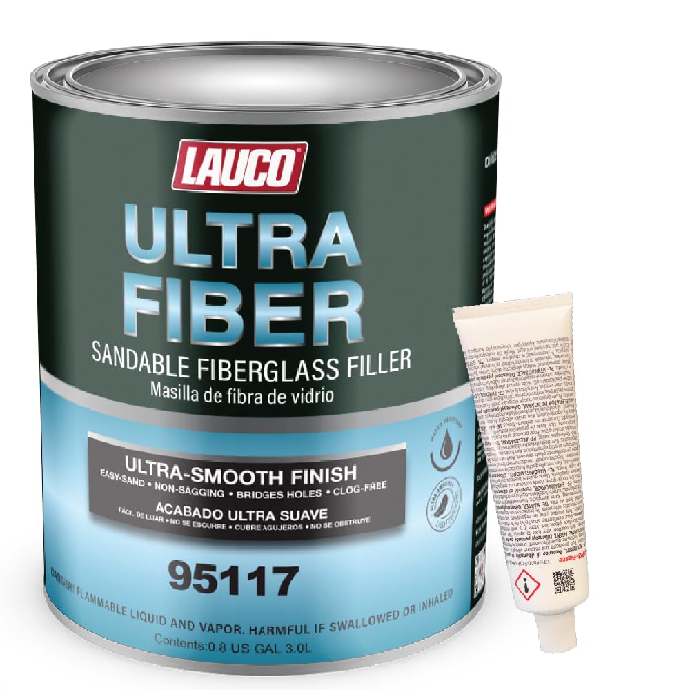 LAUCO Ultra Fiber Sandable Fiberglass Auto Body Filler, Bridges Holes, Water Resistant, Lightweight Filler for Fiberglass, Steel, Plastics, Base Color