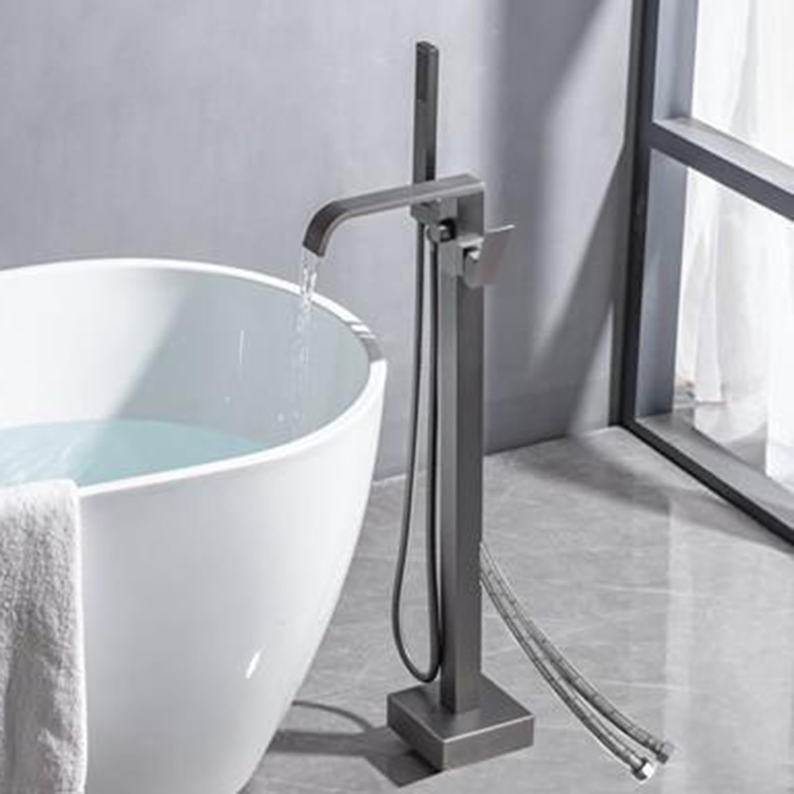 HADECOLL Freestanding Bath Shower Mixer Tap Waterfall 360° Rotation Single Handle With G1/2 Hose Bathtub Faucet Set, Grey