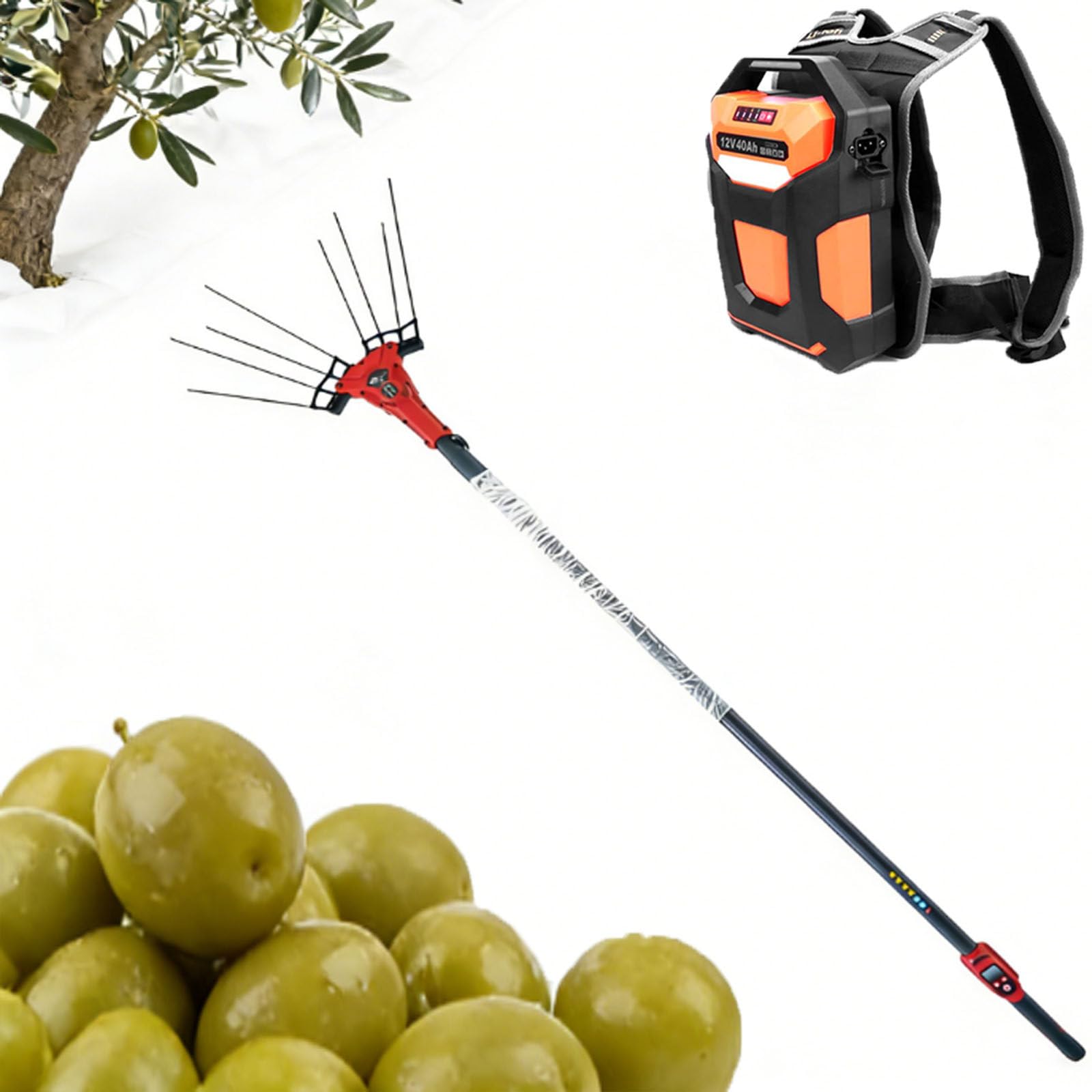 Cosechadora De Aceitunas Eléctrica con Pértiga, Herramienta Eléctrica Inalámbrica para Recoger Fruta con Pértiga Telescópica De 1,74 A 3 Metros, Sacudidora De Árboles Frutales 250W