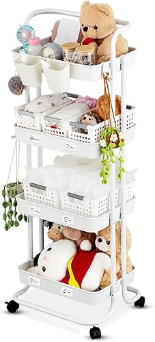 Barydat Carrito de pañales de 4 niveles para bebé, organizador de pañales con ruedas para recién nacidos, carrito de artículos esenciales para