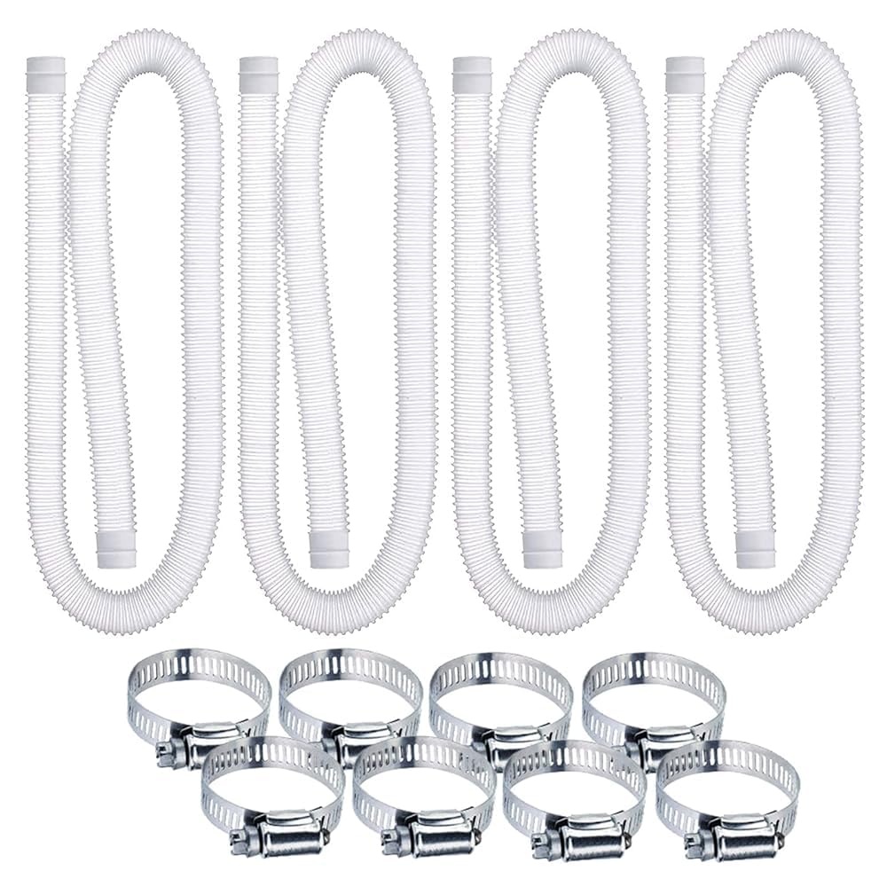 38mm Poolschlauch für Poolpumpen, 4 Stück 1,5m Ersatzschlauch für den Pool Schlauch Poolschlauch Poolpumpe Schlauch mit acht Metallklemme für Oberirdische Pools Ersatzschlauch, Weiß