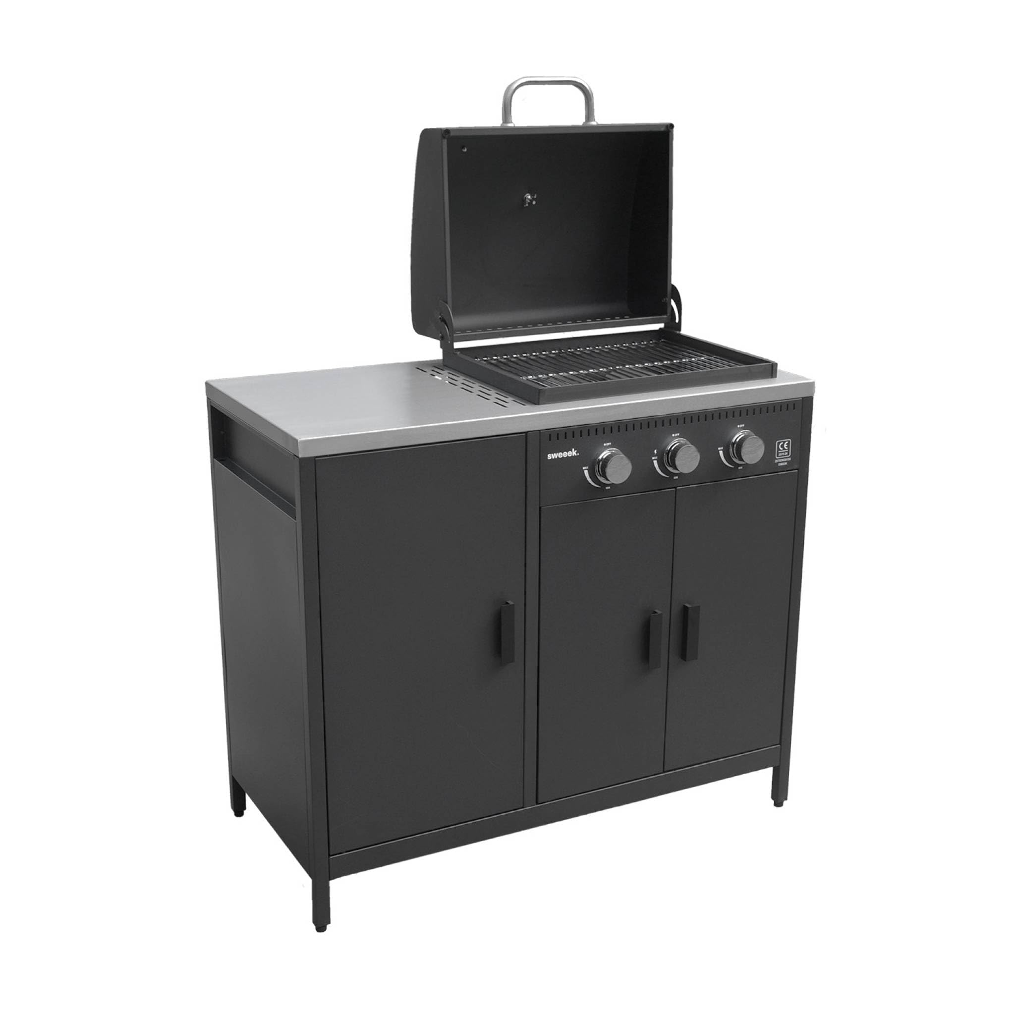 sweeek Barbecue a Gas 3 bruciatori, 3 Ante, 2 spazi di stoccaggio Nero - 100x51x87.5 cm