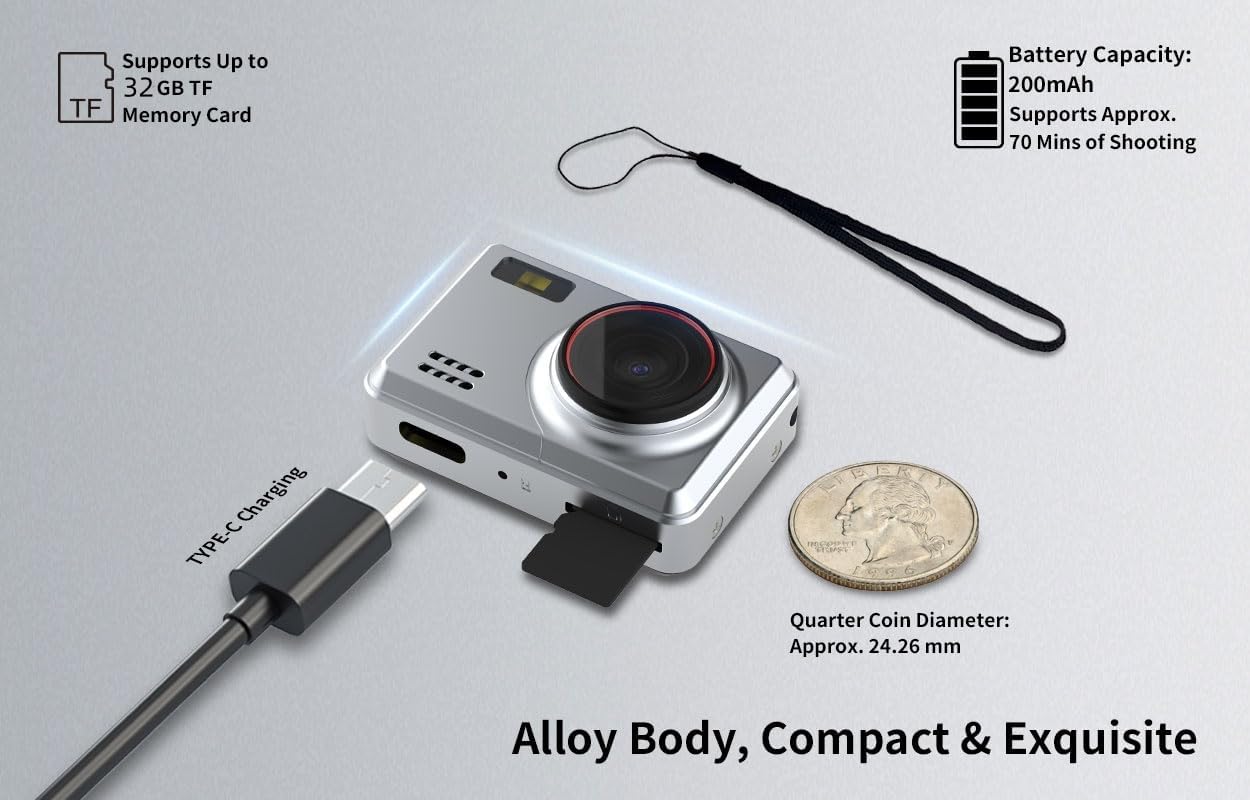 Retro Mini Digital Camera 1080P HD Video Recorder，Portable Keychain Video Camera with 32GB Card,and 0.96”IPS Screen,Ultra-Portable Tiny Camera for Travel Photography/Vlog/Night Shots (Silver)