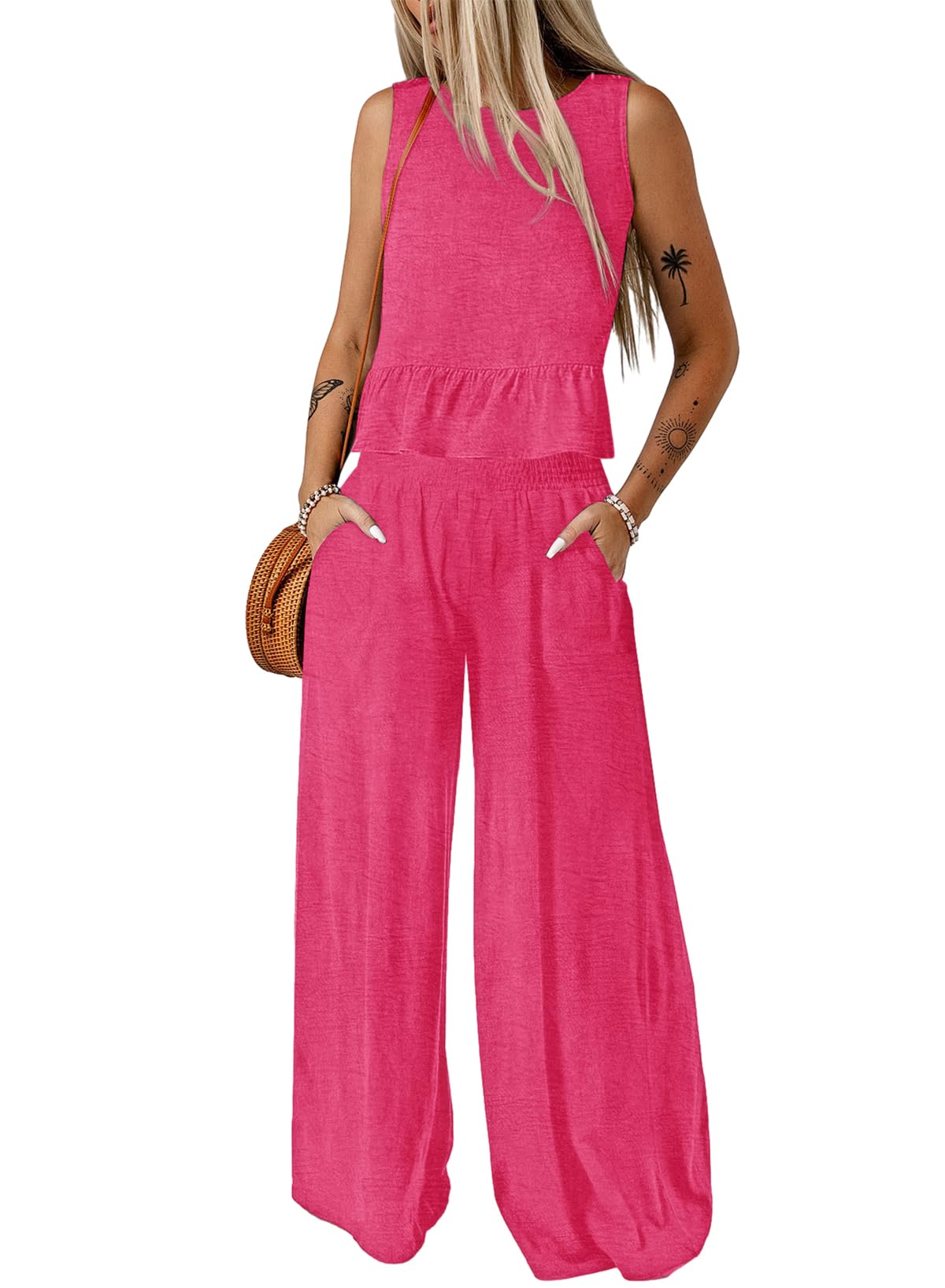 Dokotoo Womens 2 Piece Outfits Tank Tops Elastic Waist Wide Leg Pants Sets
