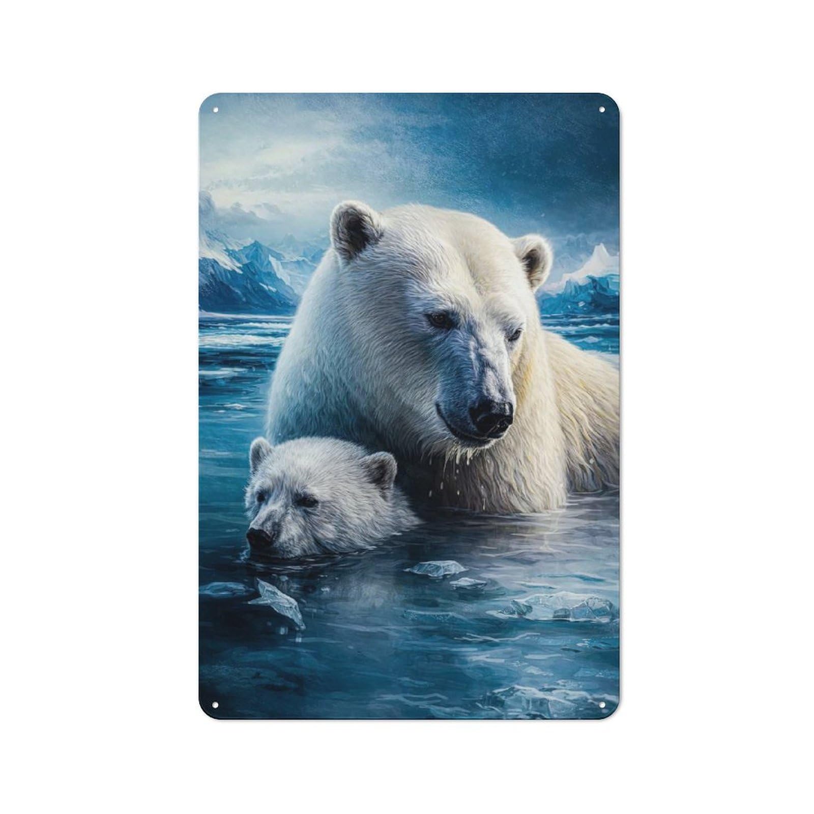 Junmoney Style-3 Creative Polar Bears In Icy Waters Tin Sign 30X20cm, Study Room Decor For Workspace, Cafe, Shop Or Desk Area
