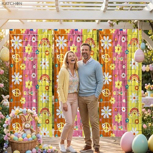 Image of KatchOn, 3Pcs Groovy Fringe Backdrop Curtain | Retro Floral Backdrop for Groovy Decoration Hippie Party Spring Decorations Boho Birthday Decoration Retro Theme Summer Party Decorations