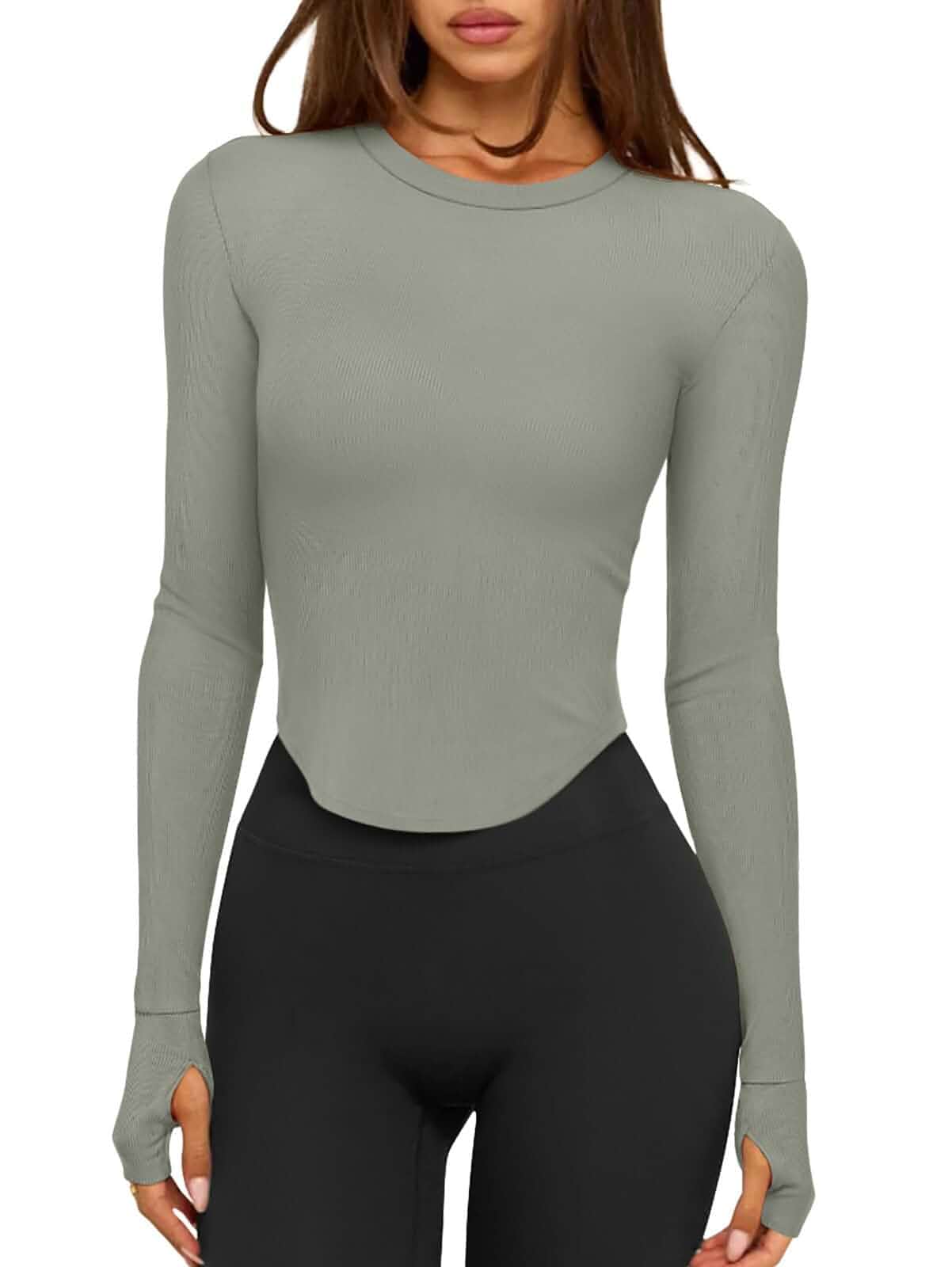 LASLULU Womens Long Sleeve Workout Crop Tops Crew Neck Ribbed Yoga T-Shirts Slim Fit