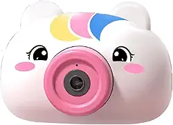 Câmera de bolhas de sabão infantil com Luzes LED e Som - Brincadeira Ar Livre - 2 Refis de Sabão, Alça Portátil e Design Seguro para Crianças a Partir de 3 Anos (Unicórnio Kellpy)