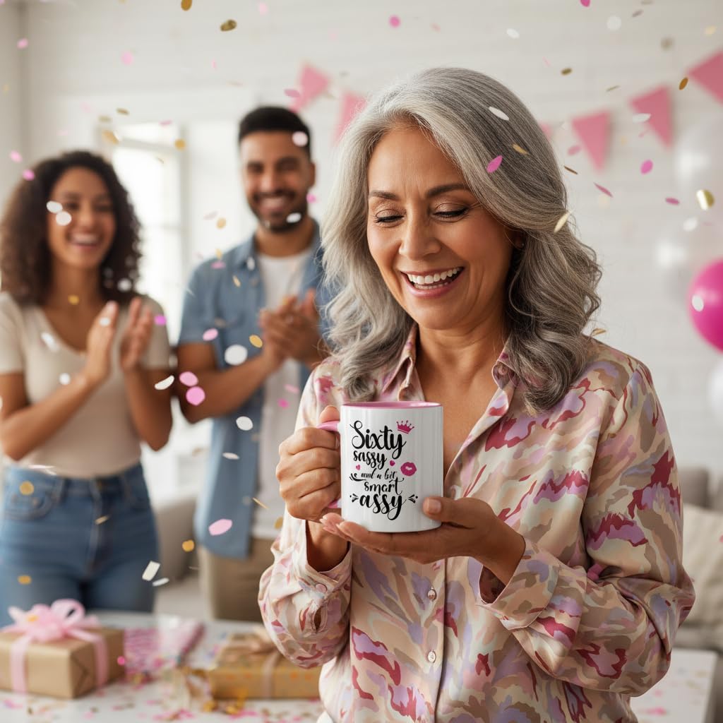 Sixty Sassy and a Bit Smart Assy 11 oz Funny Bday Coffee Mug Ceramic Cup 60th Birthday Christmas Gift for Grandma Mom Aunt Wife Sister Boss Lady Friend Coworker Woman 60 Years Old Gift Pink - Image 5