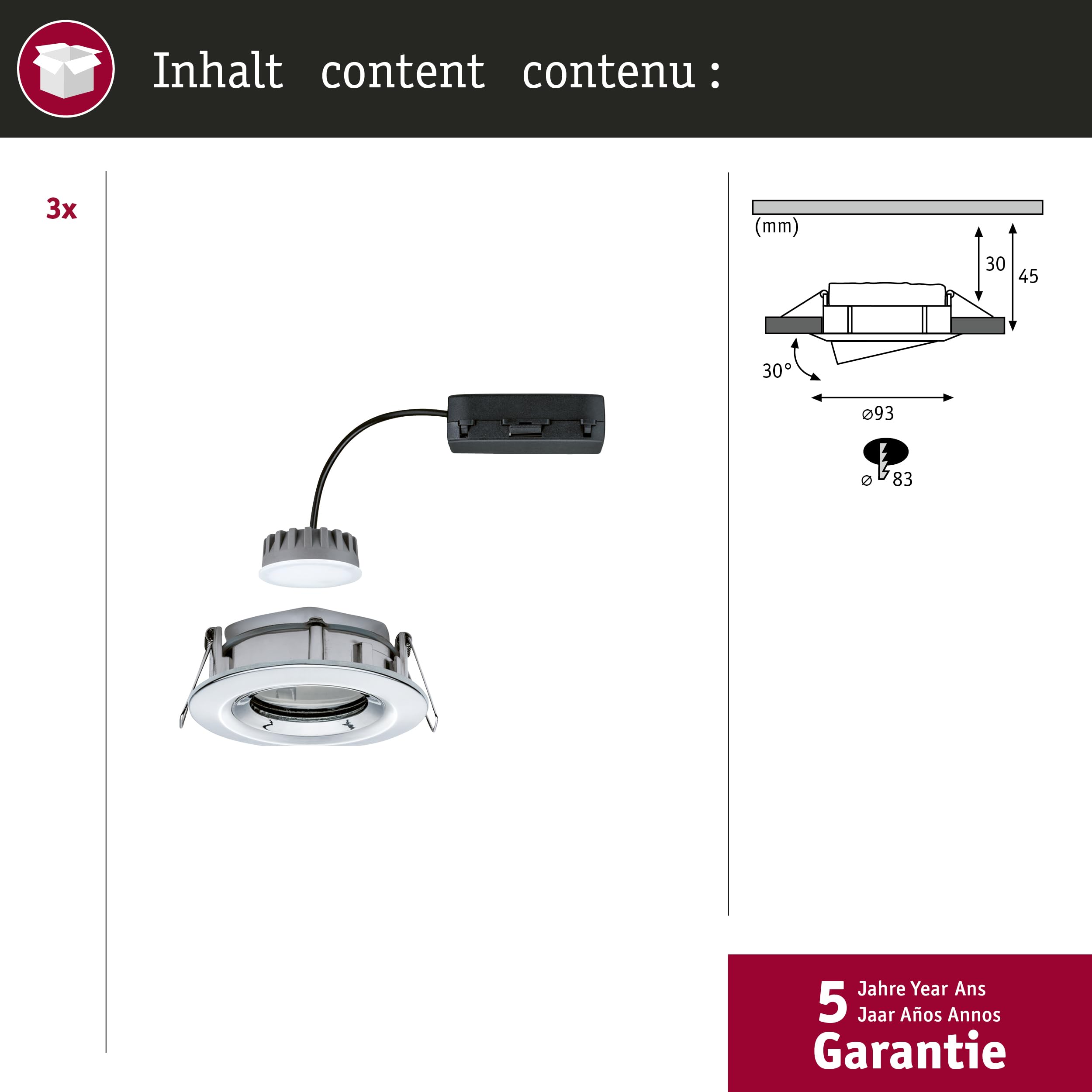 Paulmann 93684 Nova Plus LED Einbauleuchte 3er Set rund schwenkbar 3x6W IP65 dimmbar Einbaustrahler Chrom Spot Aluminium Einbaulampe 2700K