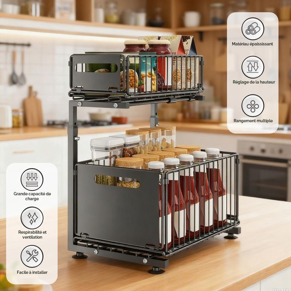 Rangement sous Evier Cuisine Coulissant 2 Niveaux Etagere Epices Cuisine Porte-Épices sous Étagère en Métal Rangement Épices Cuisine 37.5 * 26.5cm pour Salle de Bain, Chambre, Bureau (Noir)
