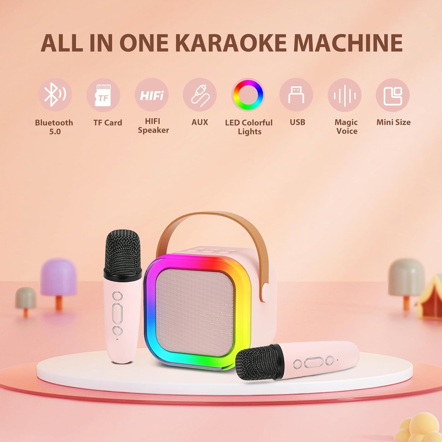 Karaoke Machine for Kids Adults, Mini Karaoke Machine with 2 Wireless Microphone, Portable Bluetooth Speaker with Voice Changing Effects & LED Lights, Best Gifts Toys for Girls and Boys - Image 2