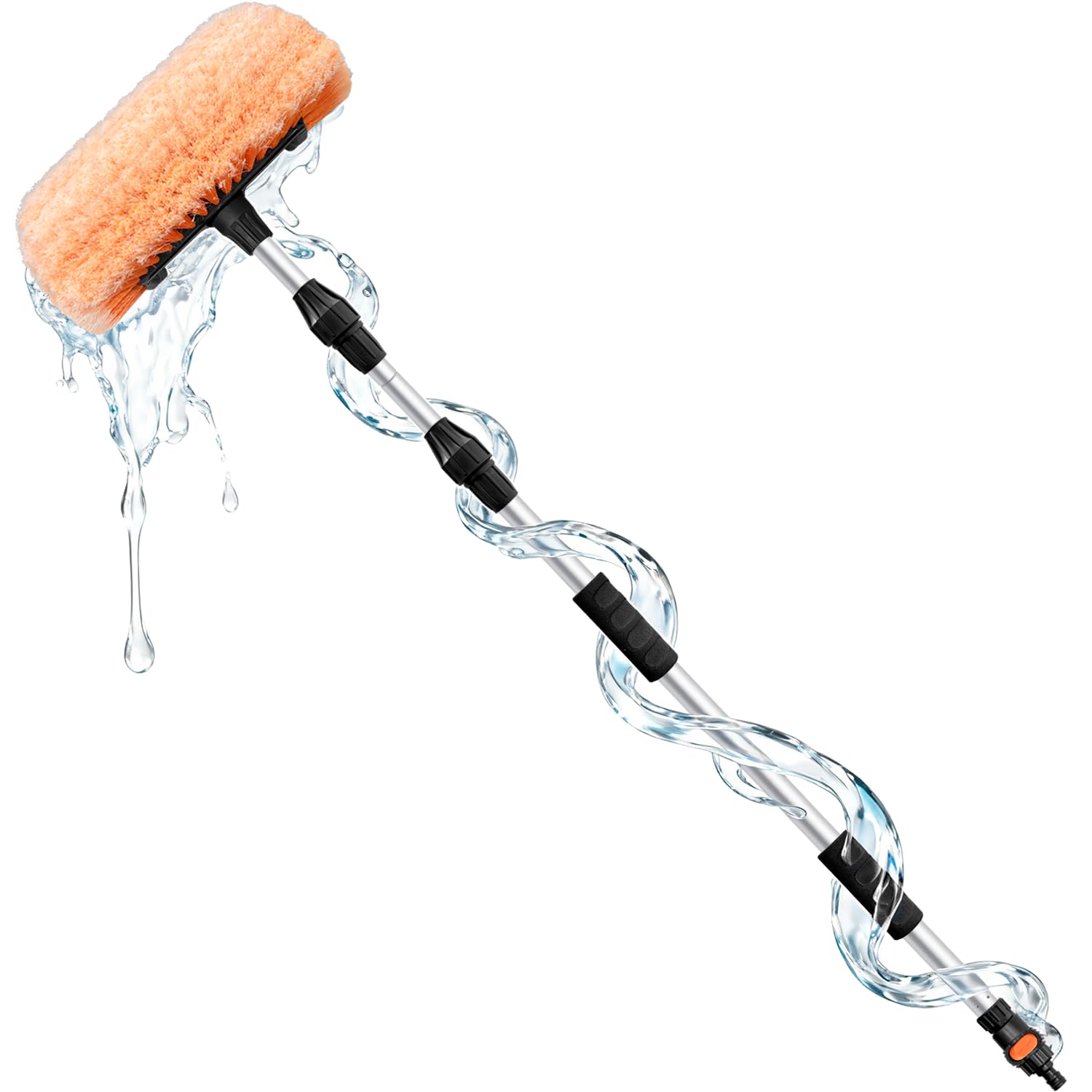 3,6m Spazzola per autolavaggio con manico lungo, 30cm setole morbide, manico estensibile da 1,5-3,6m e collegamento per tubo flessibile, nonché interruttore on/off per auto, camper, camion(arancione)
