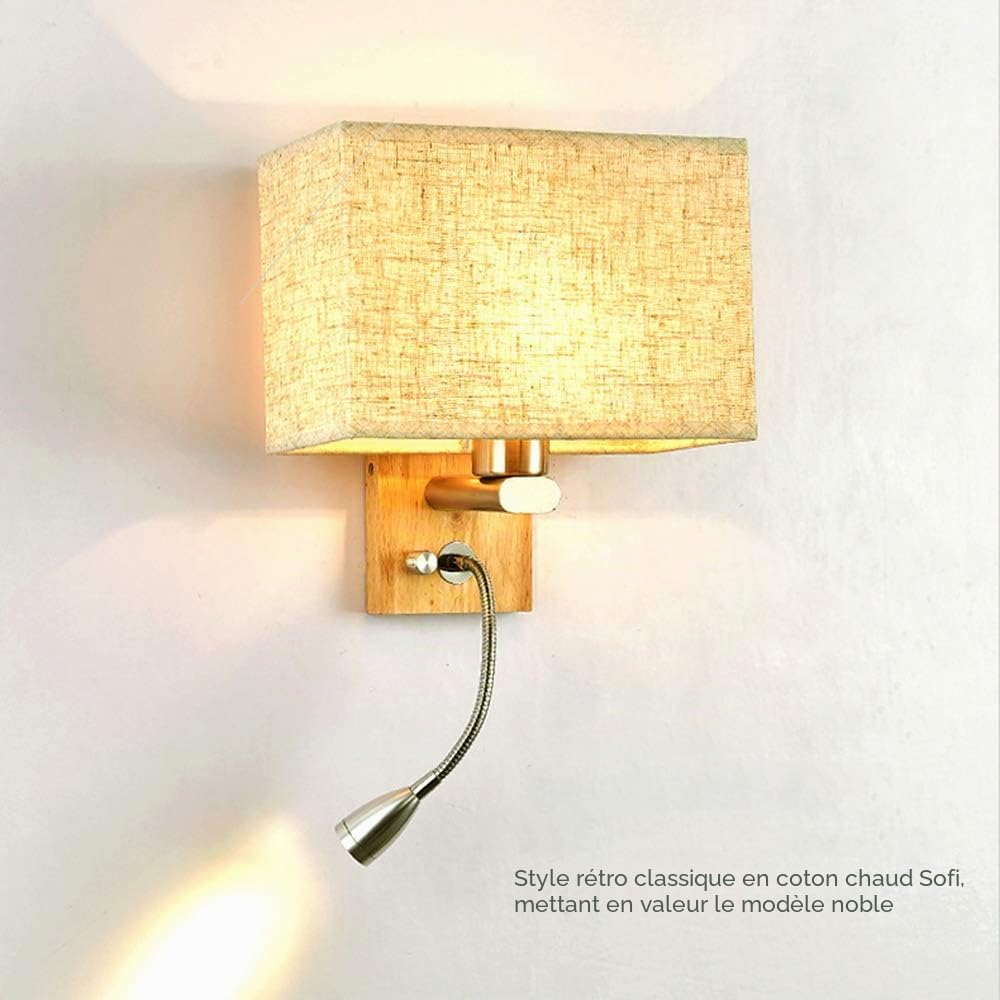 Betos Applique murale à LED, lampe de lecture pour hôtel, lampe de chevet avec abat-jour en tissu pour LED, idéale pour chambre à coucher, salon, couloir, hôtel (blanc chaud)