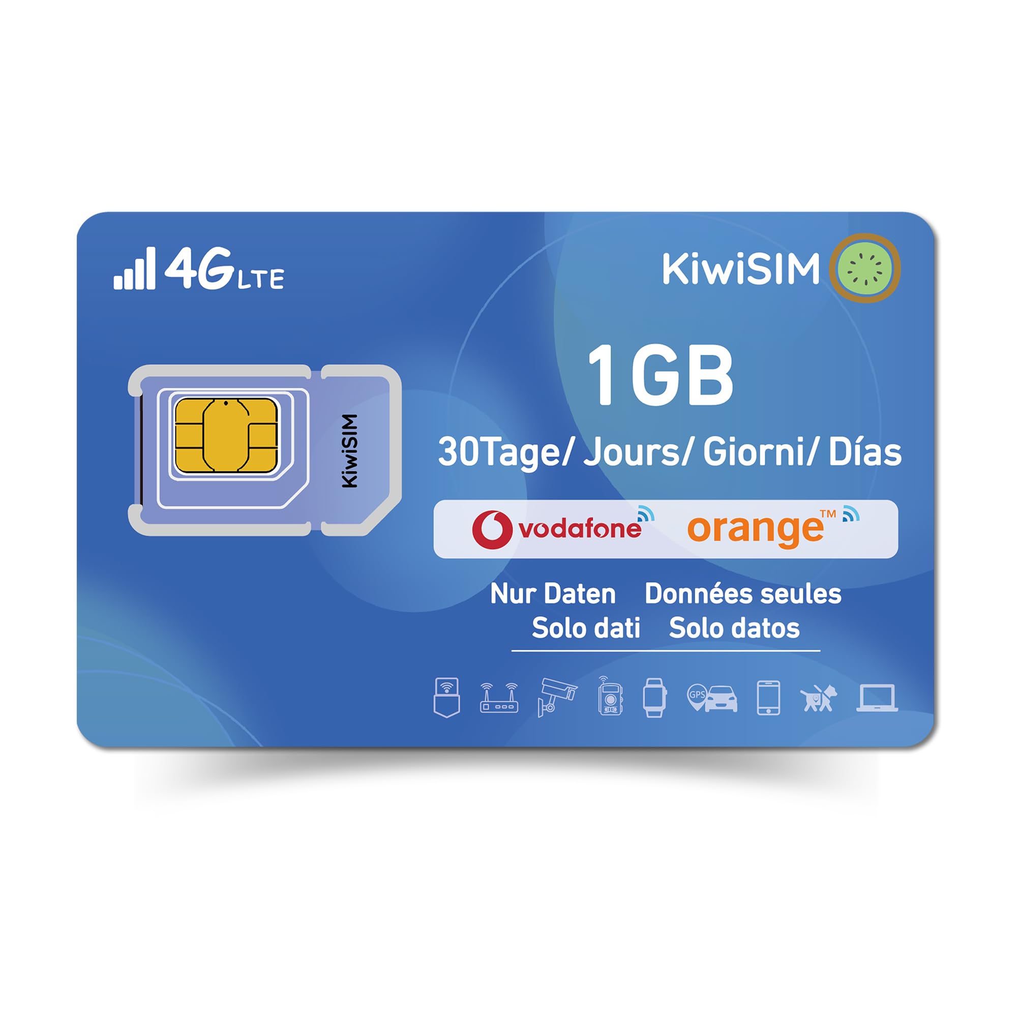 KiwiSIM Karta SIM przedpłacona 1 GB 30 dni 4G LTE – Globalne użytkowanie w 45 krajach | Kompatybilna z Telefónica, O₂, Vodafone | Dla smartfonów, punktów hotspot, kamer i urządzeń GPS
