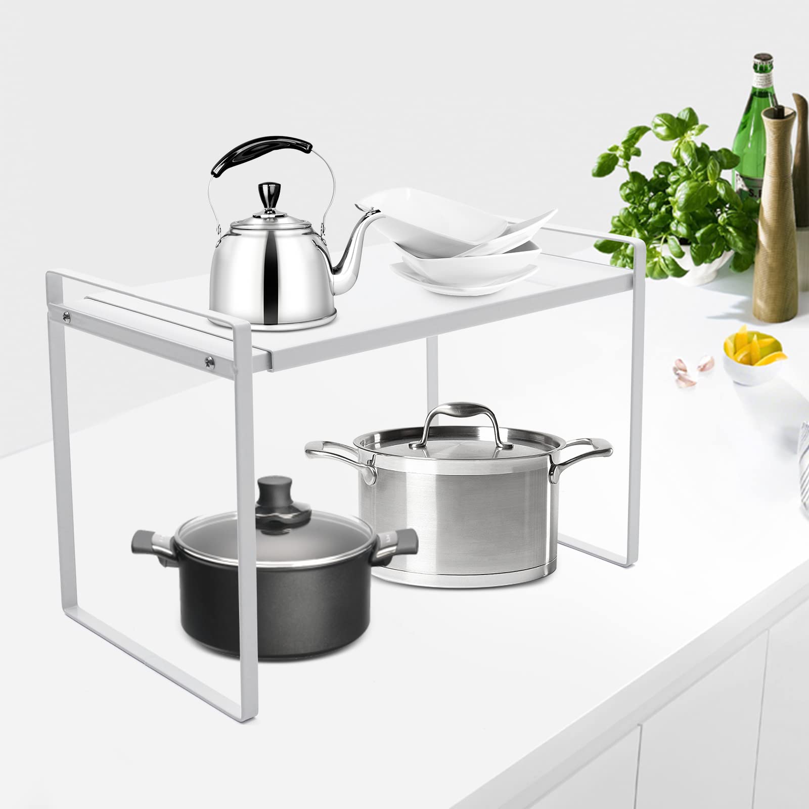 Scaffale da cucina espandibile regolabile, scaffale telescopico per armadi e controsoffitti, soluzione di archiviazione da 34-63 cm, sistema di mensole bianche per la massima efficienza di spazio