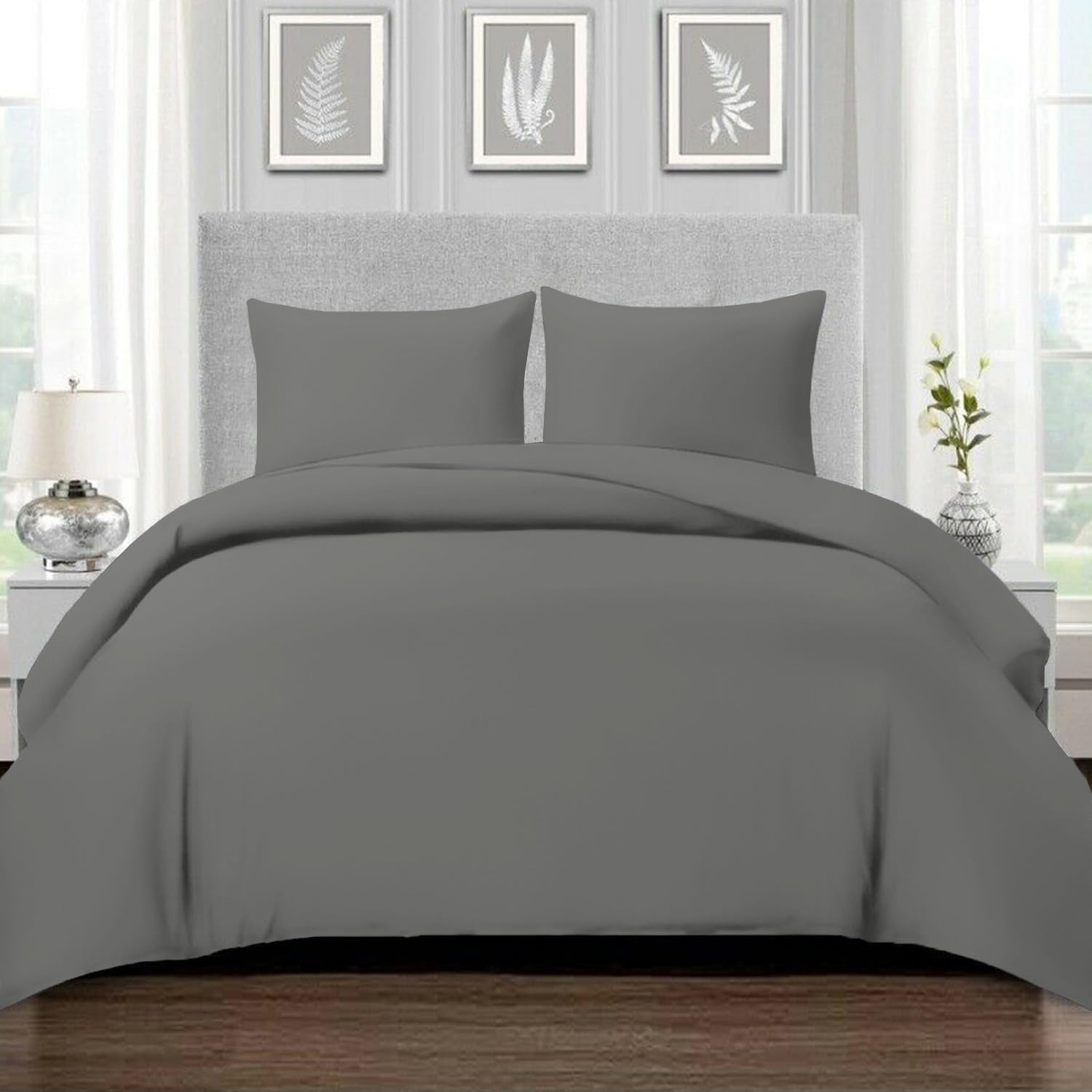 Pizuna Luxury Cotton Double Duvet Cover Set 200x200 cm Dark Grey, 800 Thread Count Comfy Breathable 100% Long Staple Cotton Sateen Weave Duvet Cover Set with 2 Pillowcases (Dark Grey Bedding Set)
