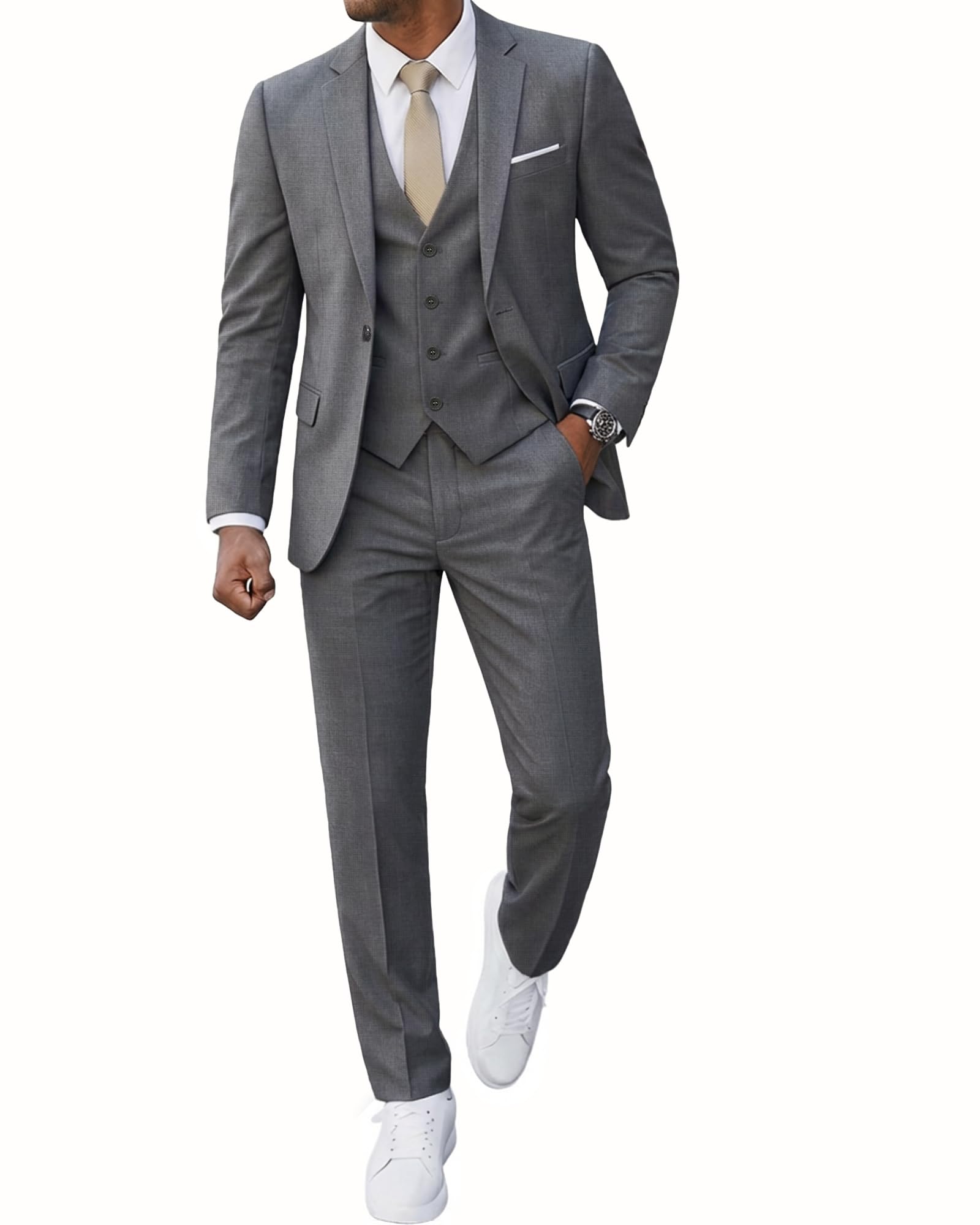 MrSure Men’s 3 Piece Suit Blazer, Slim Fit Tux with One Button, Jacket Vest Pants & Tie Set for Party, Wedding and Business