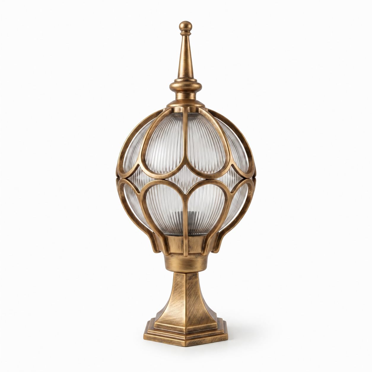 Antique Gold Globe Pillar Gate Light with Ribbed Glass Shade | Victorian Style, Ornate Carved Design, Pedestal Mount, Warm Amber Glow, Weather Resistant-image-12